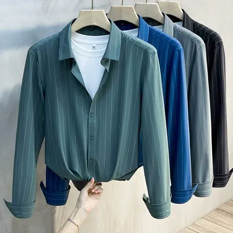 轻奢无缝压胶2023新款衬衫春秋季男修身商务正装休闲长袖免烫衬衣图片