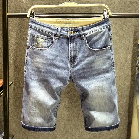 猫须刺绣牛仔短裤男五分裤潮流修身韩版5分中裤夏季弹力休闲马裤商品大图