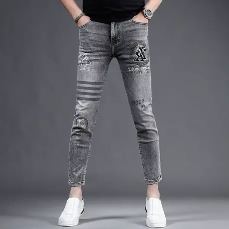 九分裤牛仔裤男夏季新款潮牌灰色修身小脚时尚印花烫钻弹力裤子男商品大图