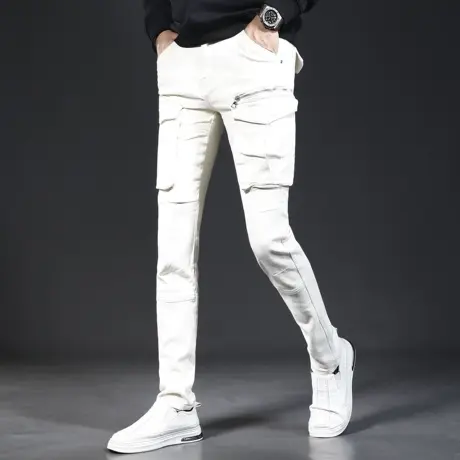 高街牛仔裤男2023新款秋季修身小脚米白色潮牌男士弹力休闲裤子男商品大图