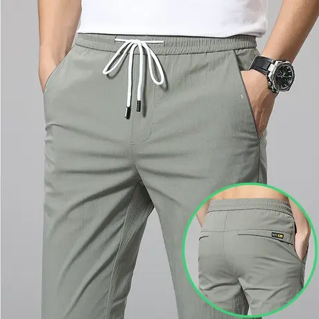夏季超薄款宽松紧腰抽绳男士休闲长裤高端丝滑男裤子冰丝透气直筒商品大图