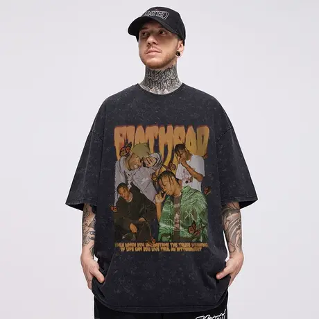 300g重磅纯棉水洗做旧短袖t恤男生高街美式复古嘻哈宽松休闲半袖商品大图