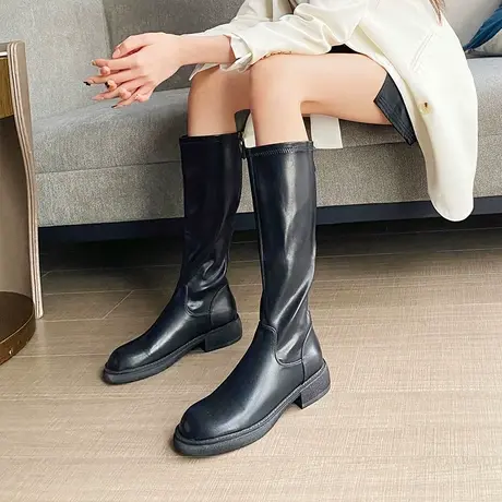 不过膝长筒靴女2023年新款冬季加绒骑士靴时尚英伦风保暖高筒长靴商品大图