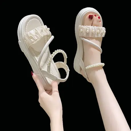 仙女温柔珍珠厚底凉鞋女配裙子2023夏季新款时尚百搭休闲罗马鞋子图片