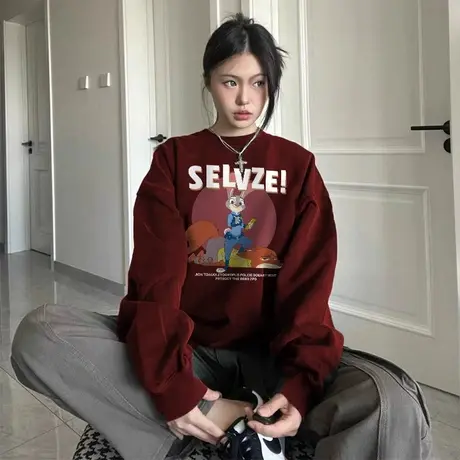 酒红色美式复古卫衣女春秋新款胖mm大码宽松显瘦时髦上衣2-300斤商品大图