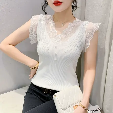 重工烫钻背心女2024夏装新款性感V领吊带小衫网纱拼接无袖上衣ins商品大图
