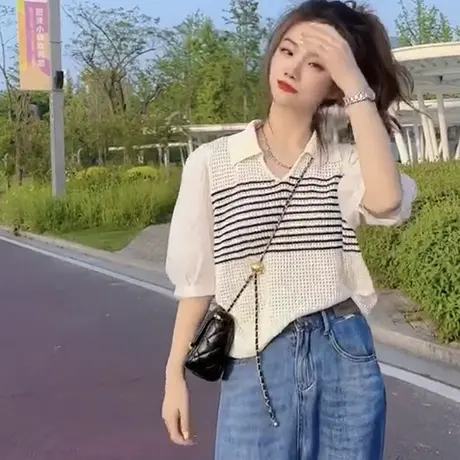 2024夏季新polo领条纹短袖洋气时尚设计感百搭圆领T恤上衣女ins潮图片