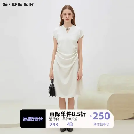 sdeer圣迪奥女装OL风V领压褶缎面短袖连衣裙S223Z12W2图片