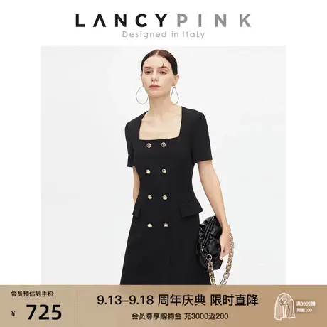 【意大利设计】朗姿法式黑色设计感西装连衣裙女夏季新款方领裙子商品大图