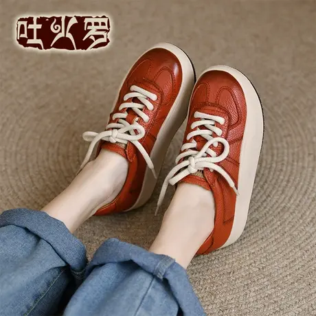 吐火罗女鞋2023春季圆头复古港风chic系带擦色女鞋百搭厚底摇摇鞋商品大图