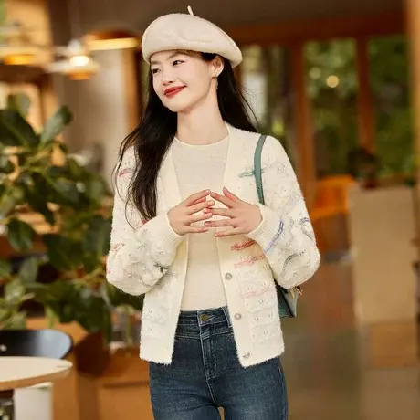 时尚气质V领开衫2023年秋季新款女装温柔百搭通勤短款长袖毛衣商品大图