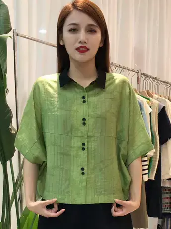 夏季新款时尚百搭纯色蝙蝠衫系扣短袖女减龄宽松型气质休闲上衣潮图片