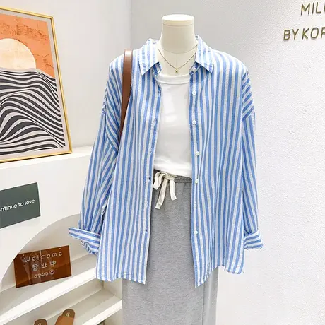 韩国东大门早秋新款衬衫微胖显瘦穿搭上衣薄款竖条纹外套气质简约图片