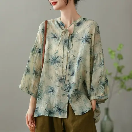 dza 印花苎麻女士衬衫2023夏季薄款套头衬衣气质漂亮宽松棉麻上衣商品大图