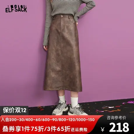 妖精的口袋复古皮裙半身裙女2023冬季新款高腰a字设计感半身长裙商品大图
