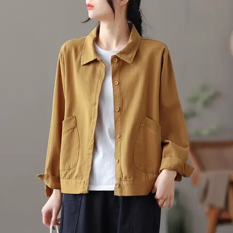 dza 复古纯色全棉短款外套女士2023新款春季工装显瘦夹克宽松上衣图片