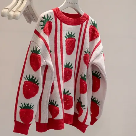 性价比高~红色草莓针织衫女2022秋冬新款软糯减龄慵懒风打底毛衣商品大图