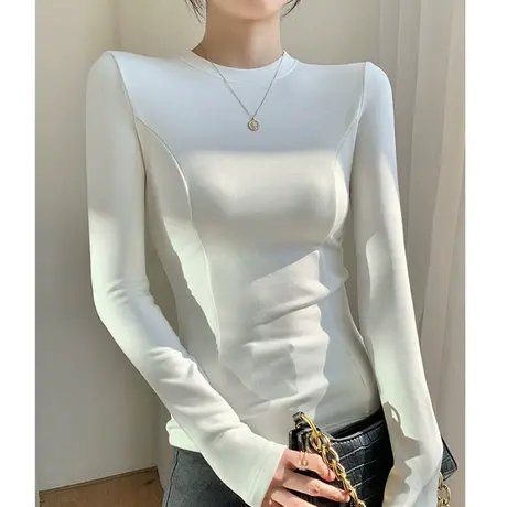 德绒打底衫女内搭春秋冬季加绒加厚叠穿卫衣白色保暖修身长袖T恤图片