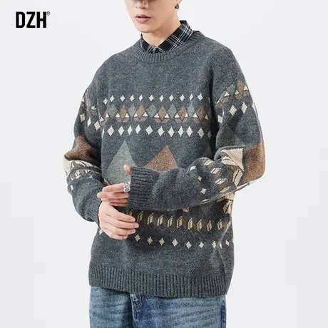 男士圆领毛衣男冬季复古提花菱格针织衫休闲打底衫男生内搭秋冬款商品大图