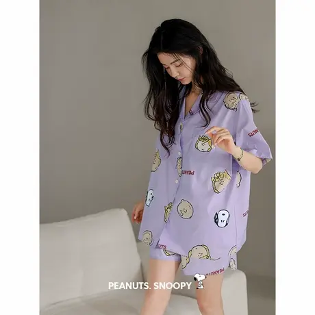 贝妍睡衣女夏可爱史努比短袖开衫套装凉感薄款纯棉休闲少女家居服商品大图
