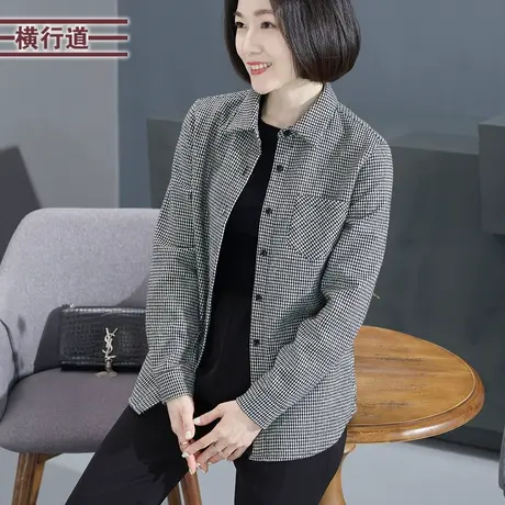 翻领格子加厚宽松衬衣复古黑白格大码妈妈外套2023新款冬装女衬衫图片
