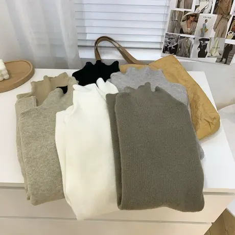 气质百搭纯色高领针织打底衫女2022冬季弹力修身显瘦长袖套头毛衣商品大图