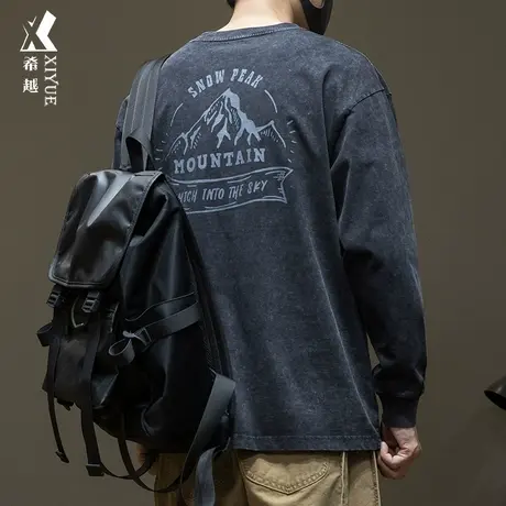 260g重磅纯棉长袖T恤男宽松大码秋美式潮牌印花内搭打底衫男上衣商品大图