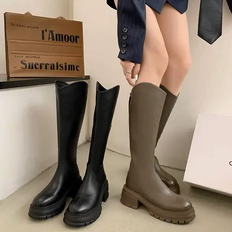 永希长筒靴女2023年春秋季新款超火高级气质瘦瘦靴粗跟高跟骑士靴商品大图
