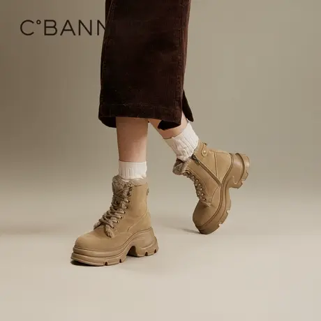 千百度加绒羊皮毛一体马丁靴女款百搭冬季气质厚底户外大黄靴短靴图片