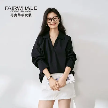 马克华菲设计感长袖衬衫女2025新款高级感慵懒宽松气质简约衬衣V图片