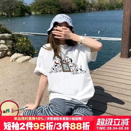 chic慵懒风宽松白色短袖t恤女设计感斑点狗印花夏季重磅半袖上衣商品大图