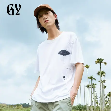 雅戈尔奥莱 GY男装夏季趣味手绘印花微落肩廓形纯棉男士短袖商品大图