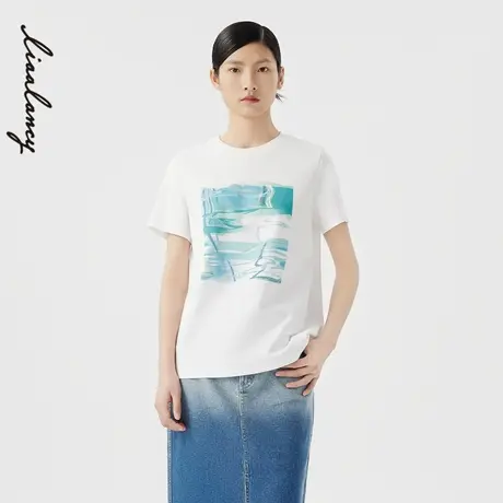 LANCY/朗姿2024夏季晕染设计印花纯棉白t恤海景图案度假风短袖女图片