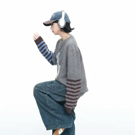 美式复古拼接假两件小狗提花毛衣女春秋新款宽松休闲情侣款针织衫图片