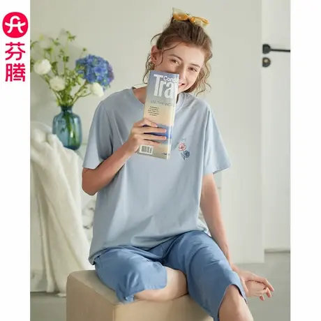 芬腾夏季短袖睡衣女纯棉薄款七分裤套头宽松韩版清新家居服两件套商品大图