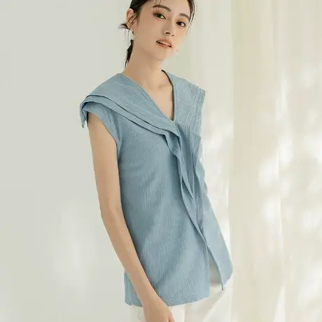 桔熊夏季清新气质皱皱暗纹海军领落肩袖中长款上衣女大码AB18823商品大图