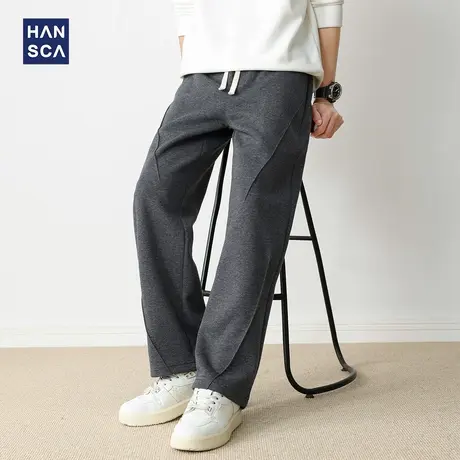 hansca宽松压褶大码运动卫裤男2025秋季新款高街潮牌直筒黑色长裤图片