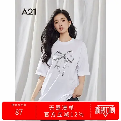 A21女装白色宽松T恤2025春季新款简约印花蝴蝶结短袖中长款上衣商品大图