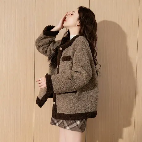 唐狮2025秋冬季新款美拉德仿羊羔毛外套女拼接撞色加厚冬季上衣商品大图