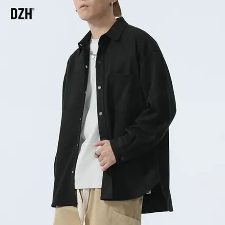 男士黑色衬衫男长袖设计感高级痞帅麂皮绒外套秋季2023新款黑衬衣商品大图