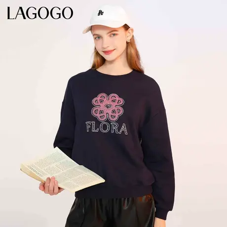 LAGOGO圆领套头藏青色卫衣女拉谷谷冬季新款休闲学院风柔软上衣商品大图