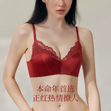 奥丽侬本命年红色结婚内衣小胸聚拢显大光面蕾丝性感无钢圈文胸商品大图