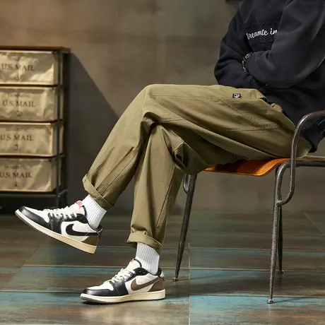 唐狮秋季新款休闲长裤时尚百搭男士纯棉束脚裤咖色休闲风宽松TMTA商品大图