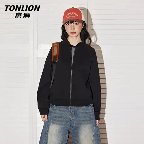 唐狮官方黑色开衫外套女春秋款2026新款女士宽松短款立领上衣V女B图片