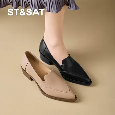 星期六4.5CM粗跟单鞋女简约风真皮尖头乐福鞋一脚蹬不累脚小皮鞋商品大图