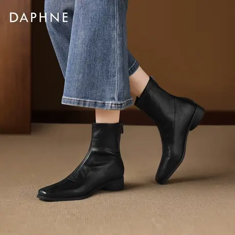 达芙妮方头短靴女冬季2026新款黑色平底瘦瘦靴法式复古马丁靴皮靴商品大图