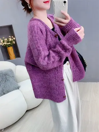 秋冬温柔风复古麻花毛衣外套女宽松洋气百搭软糯杂色针织开衫上衣图片