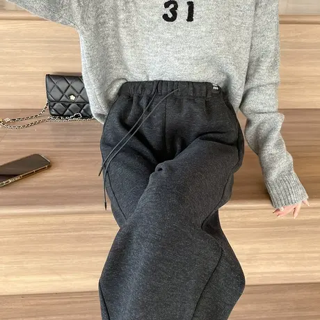 窄版阔腿裤女秋冬季新款松紧腰宽松显瘦加绒加厚黑色休闲直筒裤子商品大图
