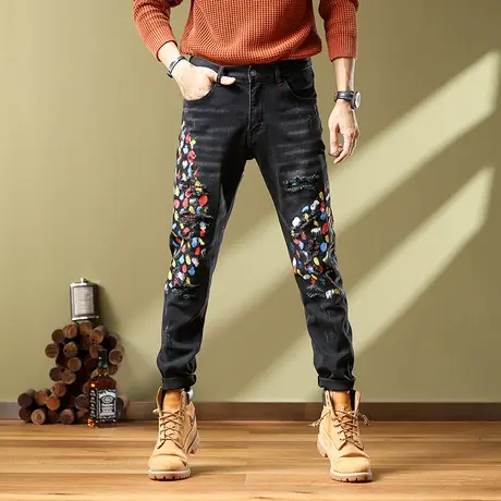 美式复古牛仔裤男款拼接男士牛仔裤修身小脚破洞潮流牛仔裤男商品大图