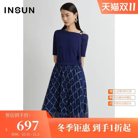恩裳夏季时尚格子网纱毛织拼接露肩简约连衣裙女图片